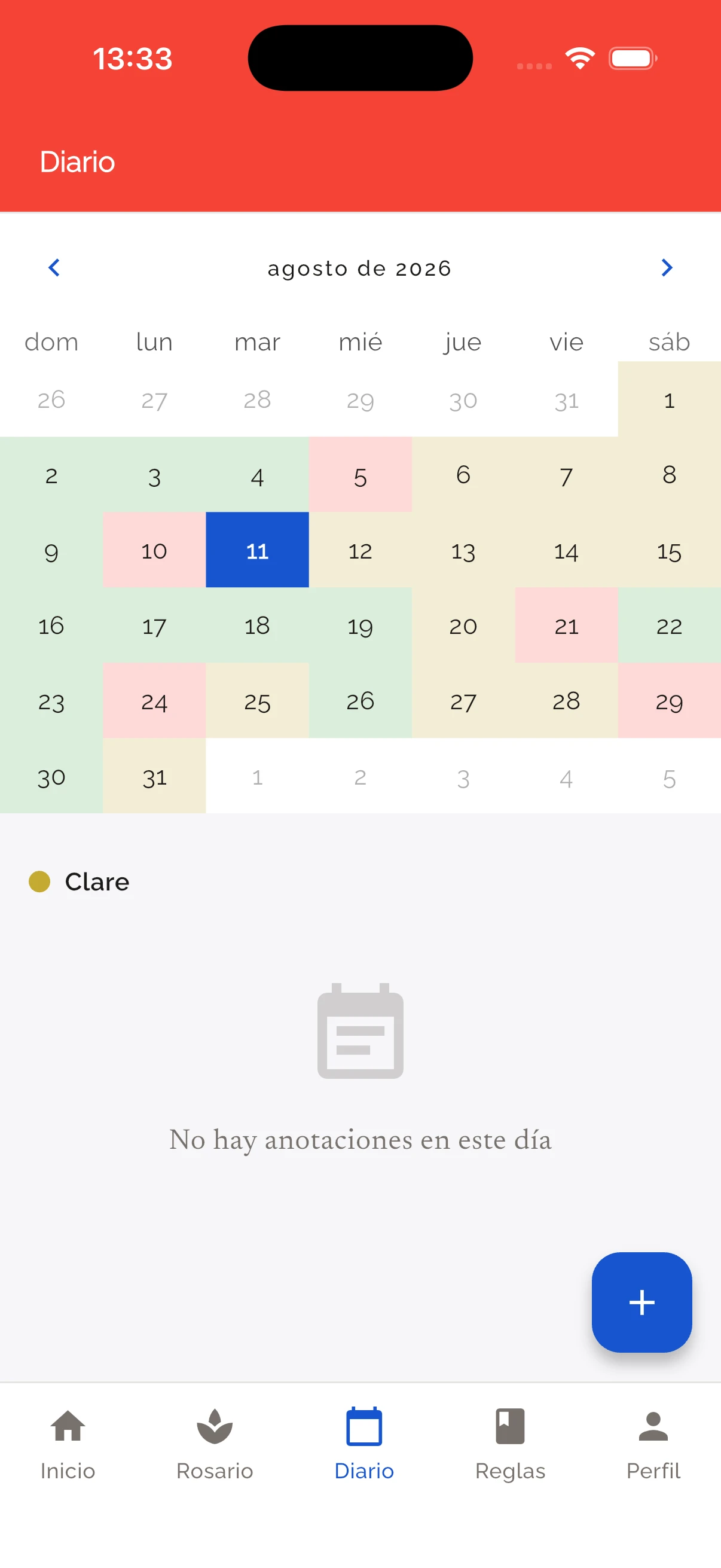 Calendario litúrgico con colores y celebraciones
