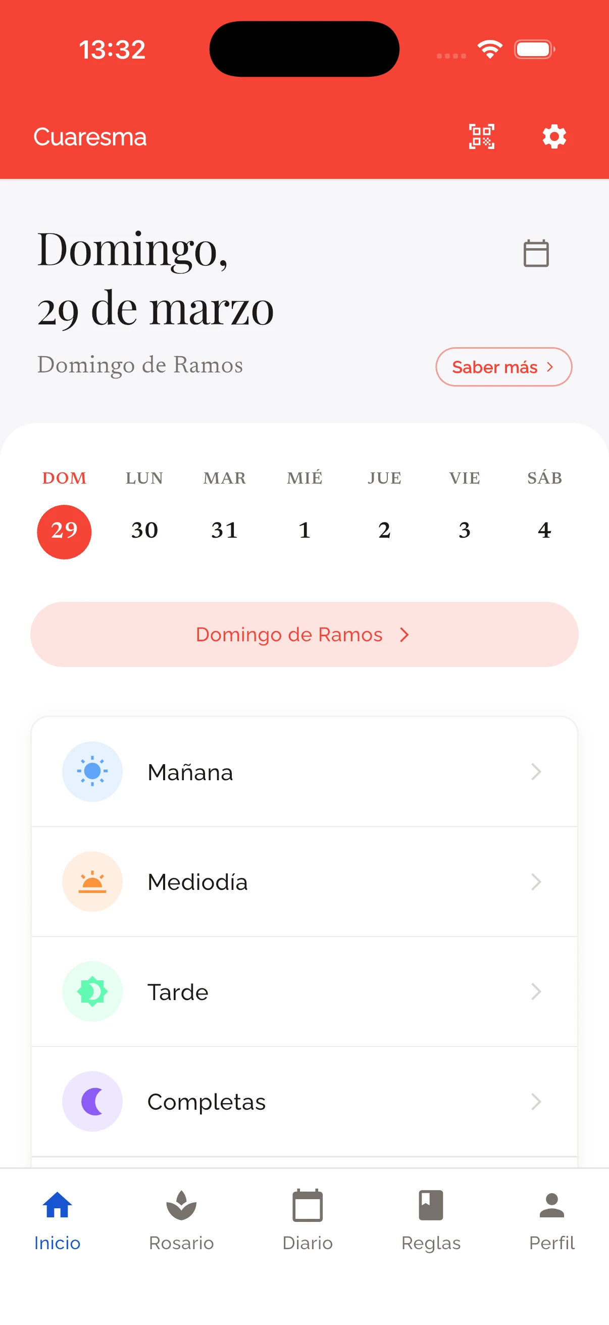 Pantalla inicial con el día litúrgico y los oficios