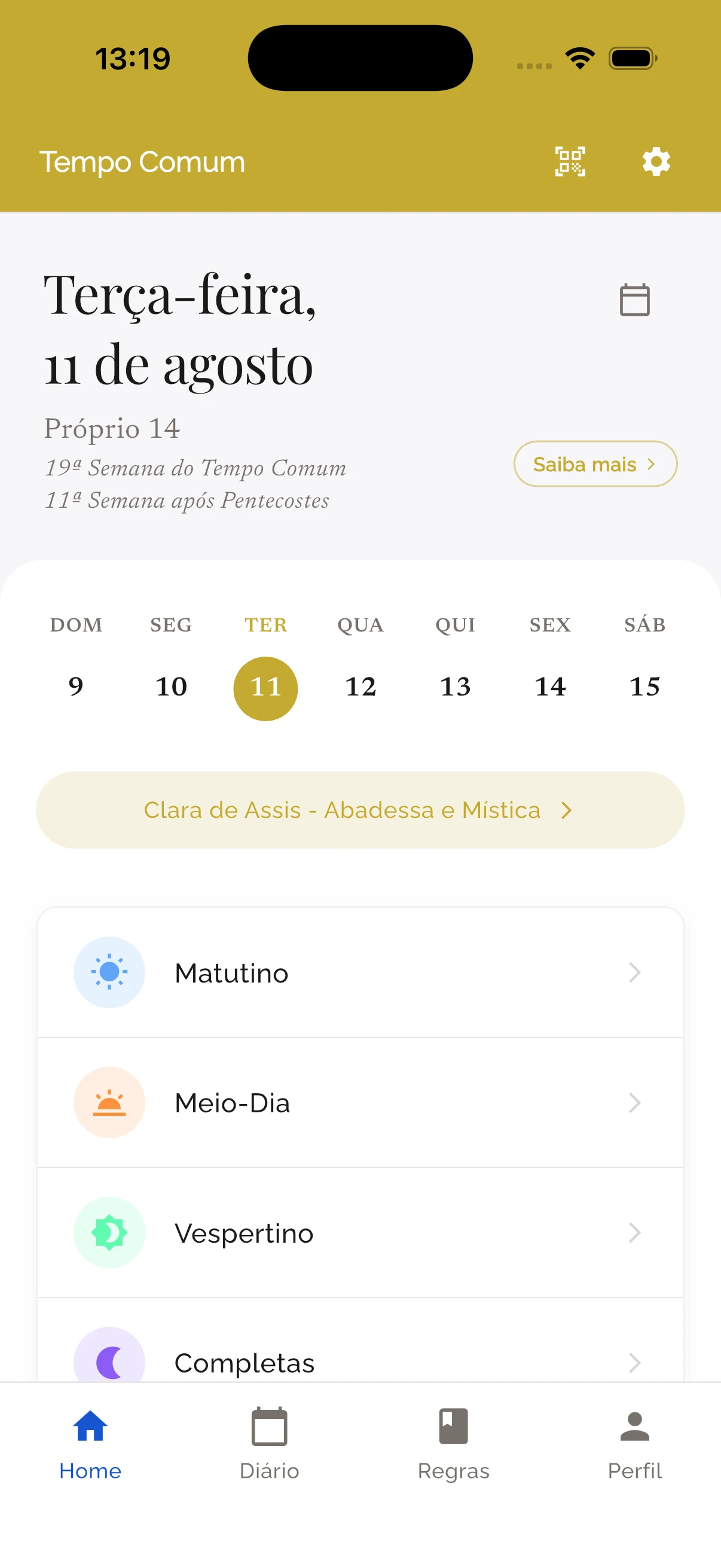 Tela inicial com o dia litúrgico e os ofícios