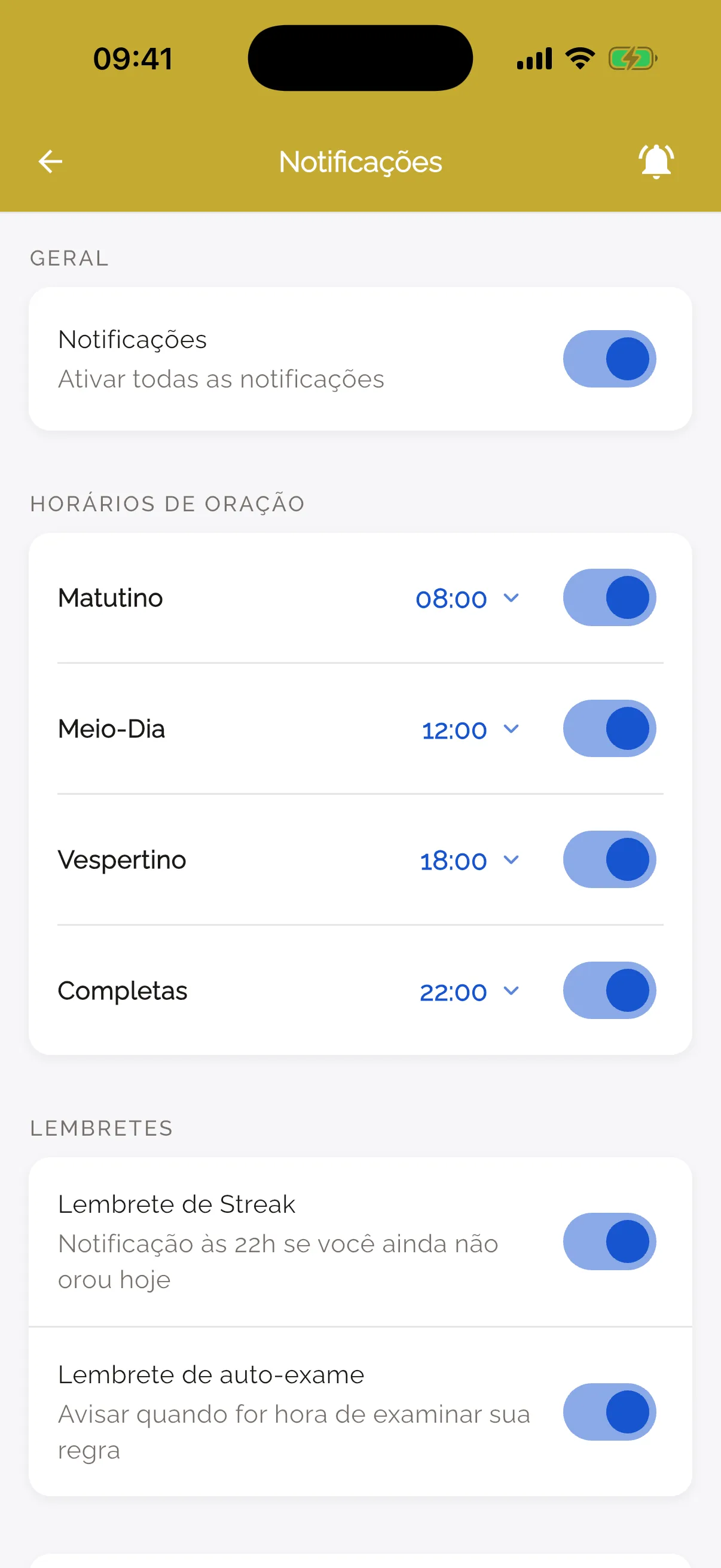 Lembretes para cada horário de oração