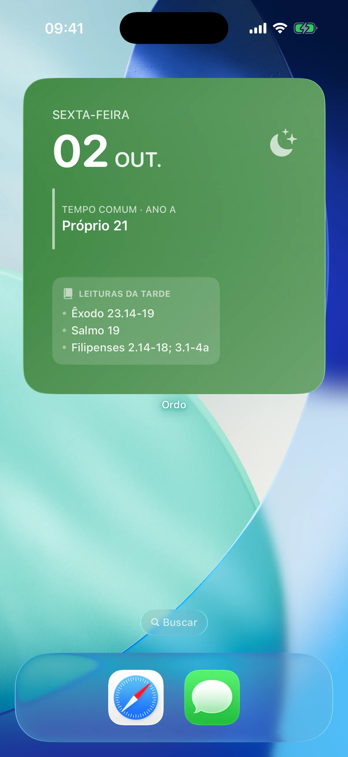 Widget na tela inicial com o dia litúrgico e as leituras