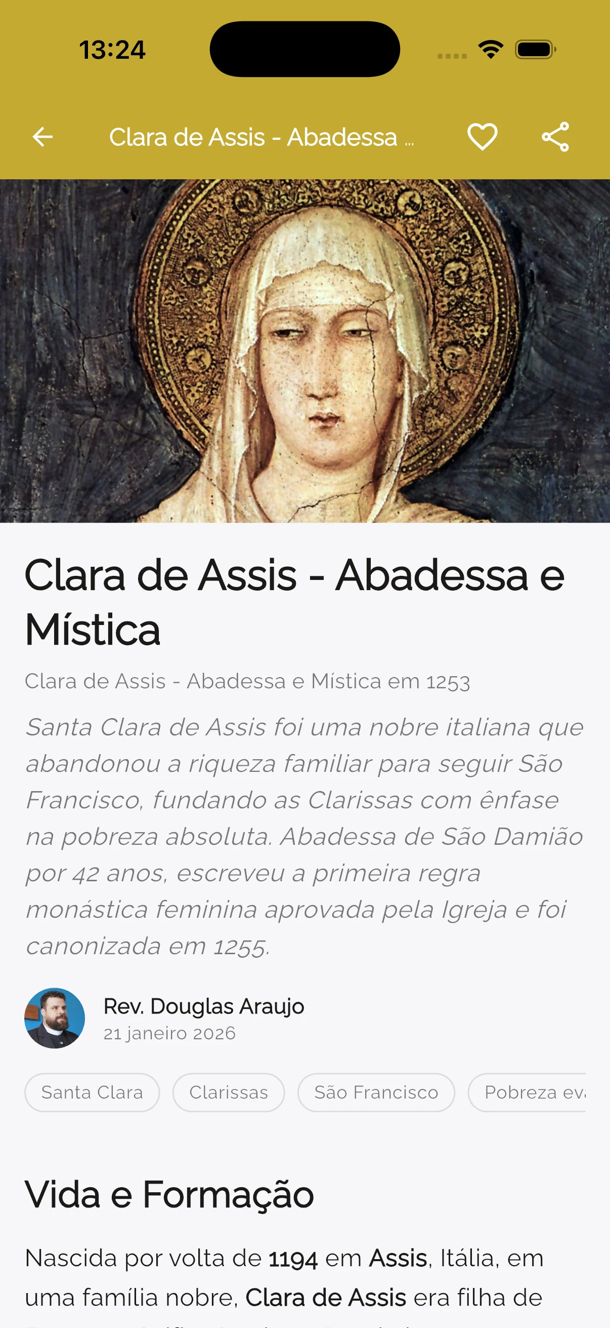 Comemoração do dia, com a história do santo
