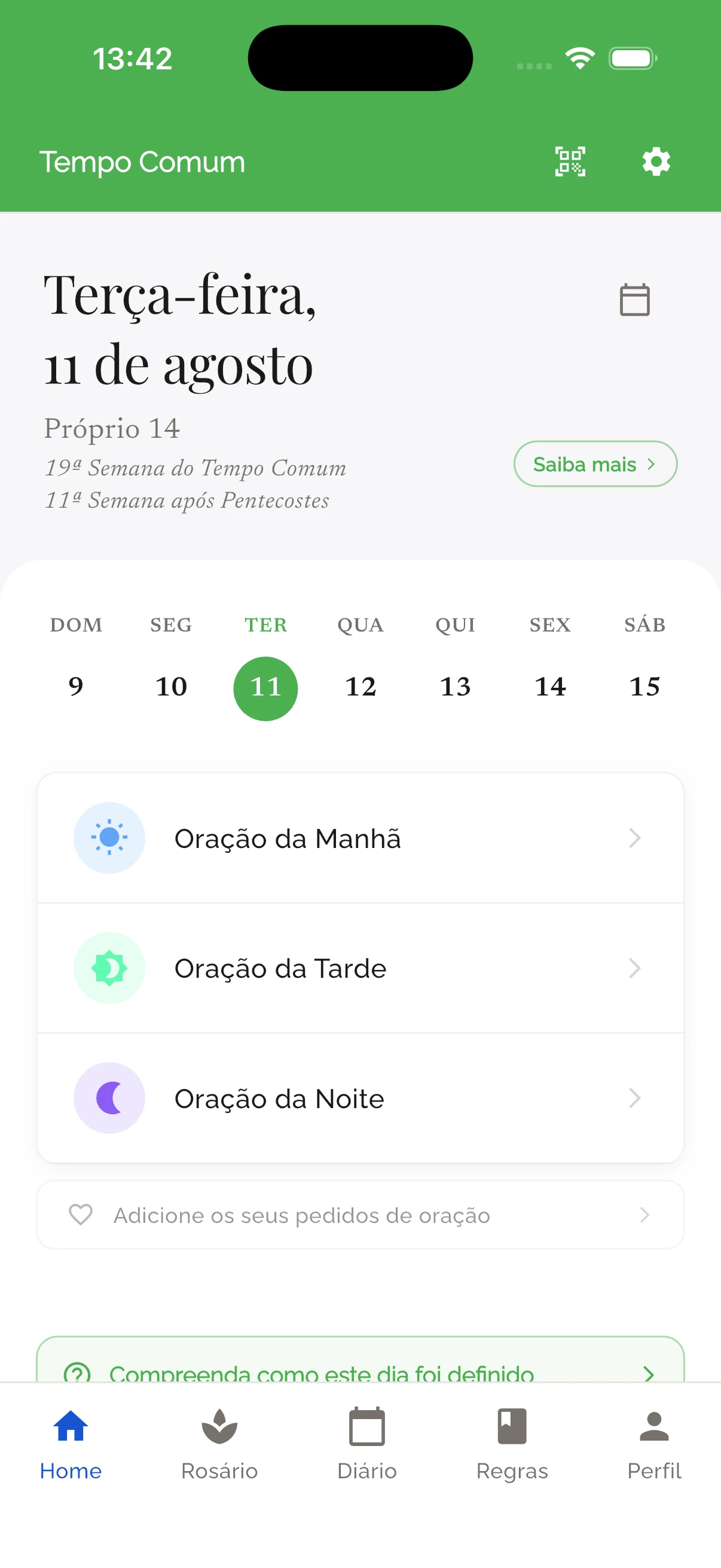Ecrã inicial com os ofícios do dia