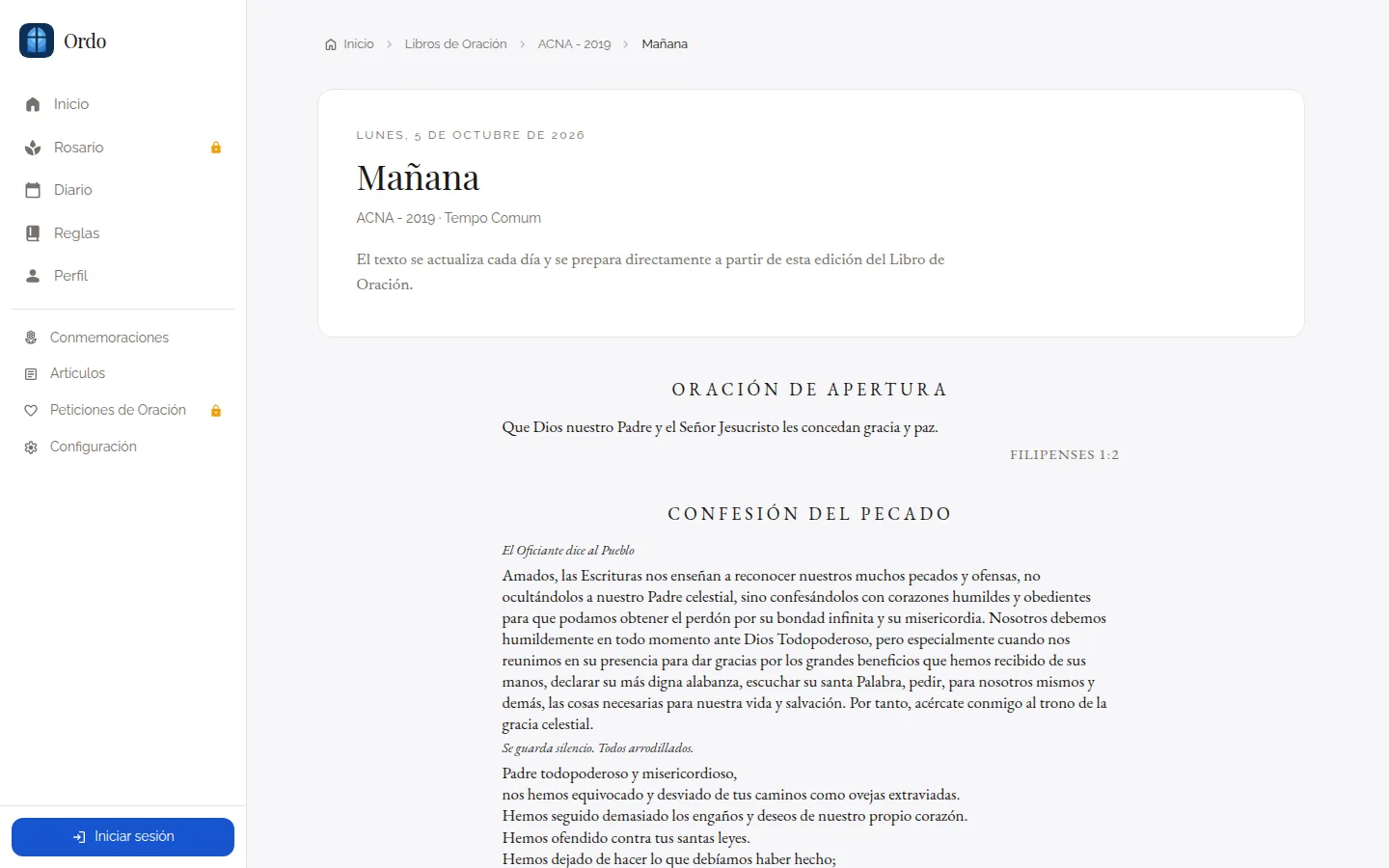 Oración de la Mañana abierta en la edición web de Ordo